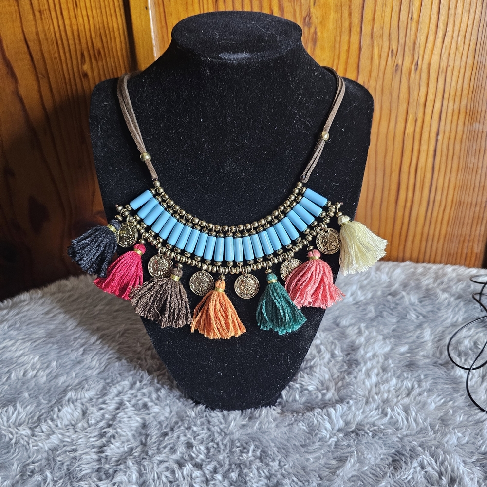 Boho Turquoise Bread Tassel Necklace with Colorful Tassels